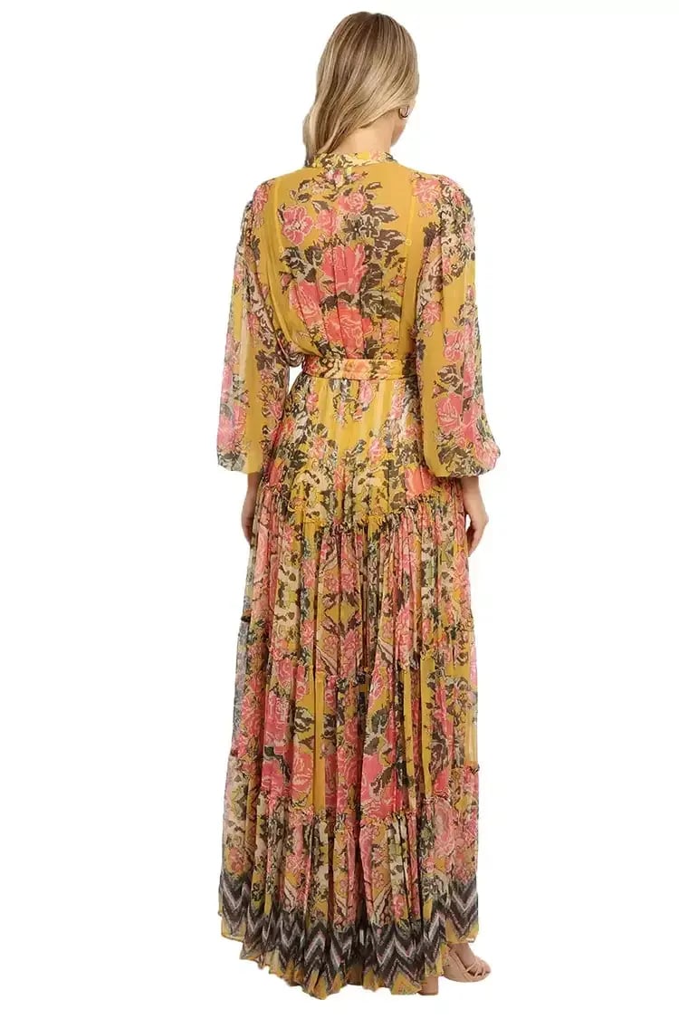 Hemant & Nandita Nova Tiered Maxi Multi Mustard Print Yellow Size 12 photo 3