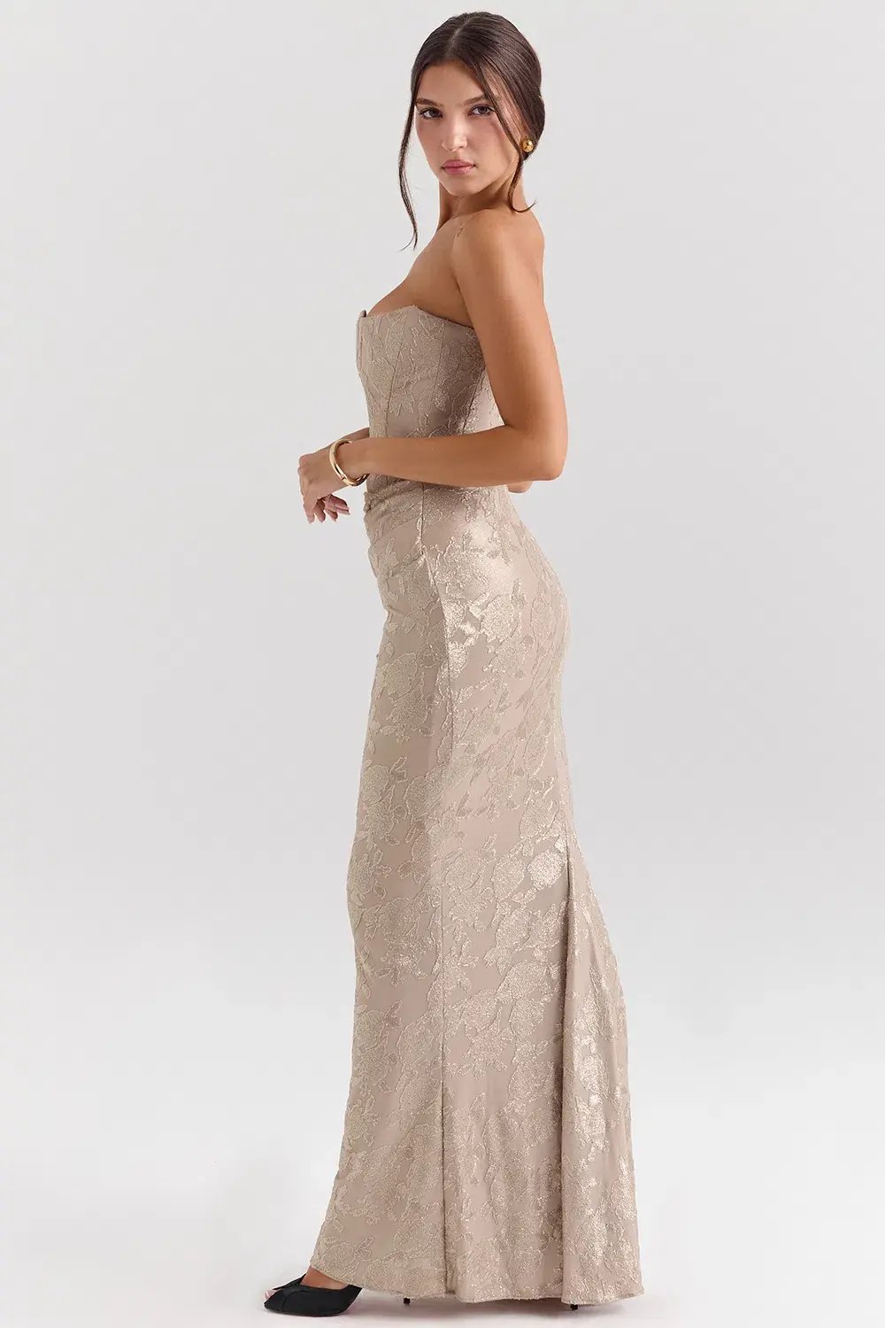 House of CB Persephone Chiffon Mesh Strapless Corset Maxi Dress Pale Gold Size S / AU 8 photo 4