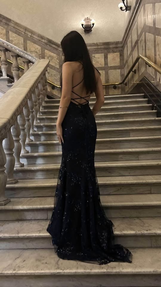 Hire-Hermione V2 Navy Blue Sparkling Lace Criss-Cross Back Mermaid Dress-Formal Dress Destiny Chic photo 4