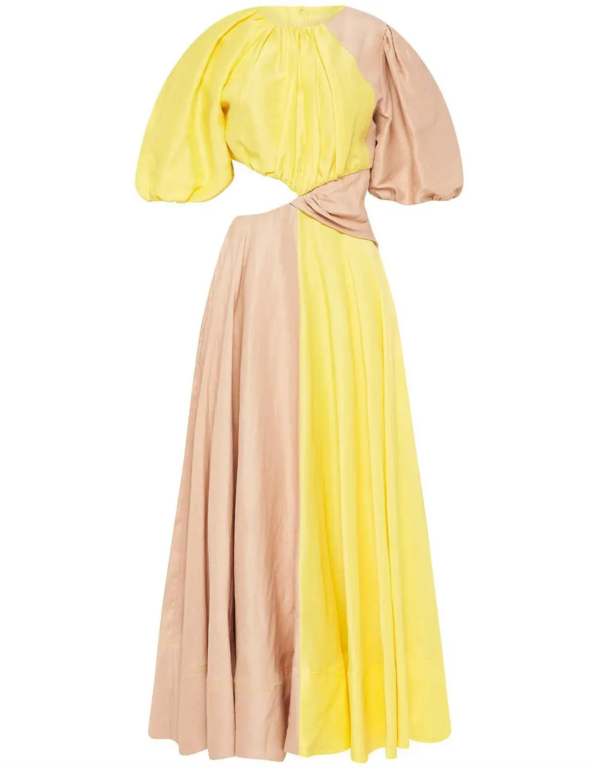 Aje Caliente Two Tone Puff Sleeve Midi Dress Daisy Yellow/Coast Beige Size 8 photo 4