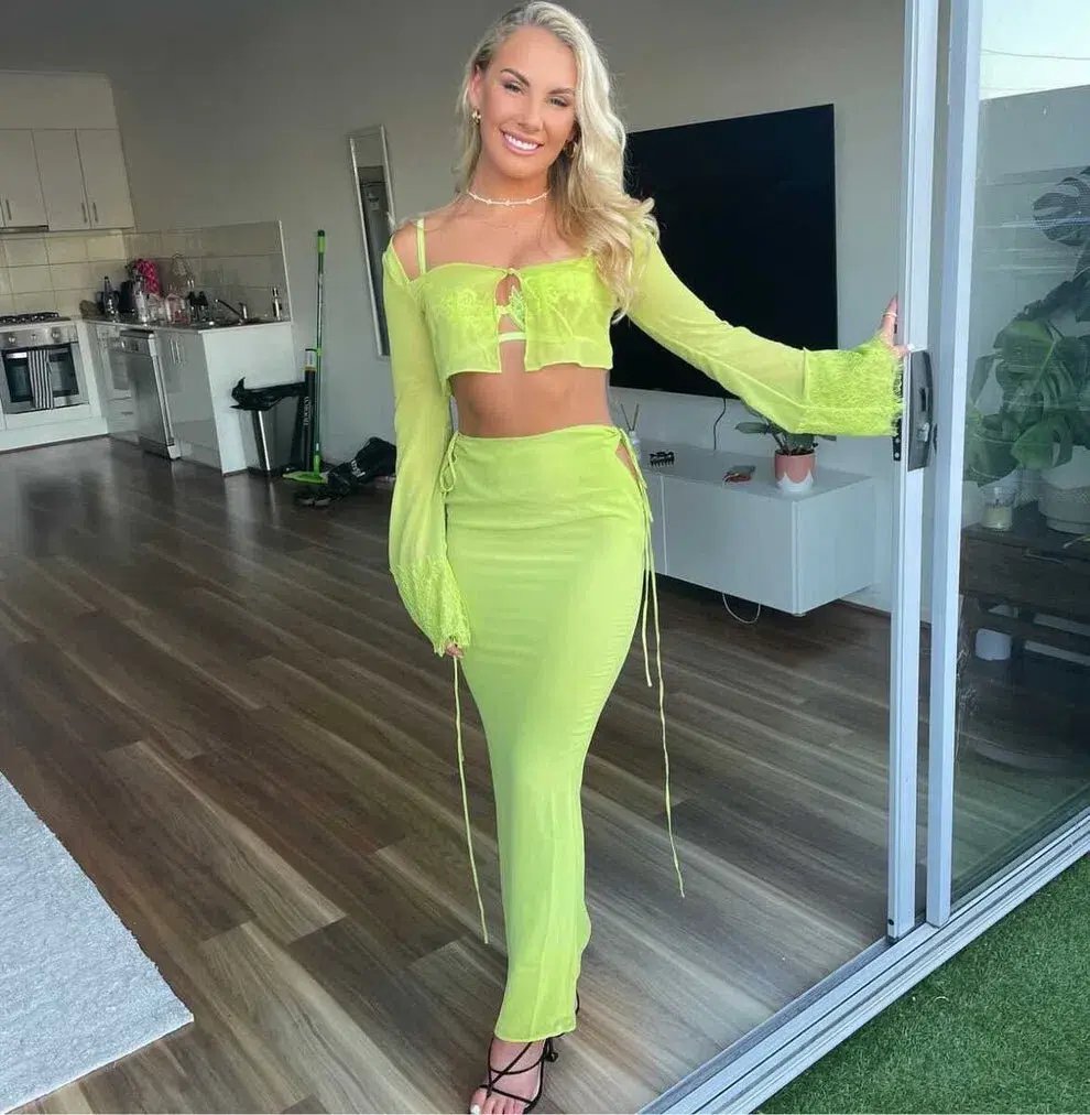 House of CB Tara Georgette Cropped Top Size M & Madeline Georgette Maxi Skirt Size L Set Lime Green photo 8