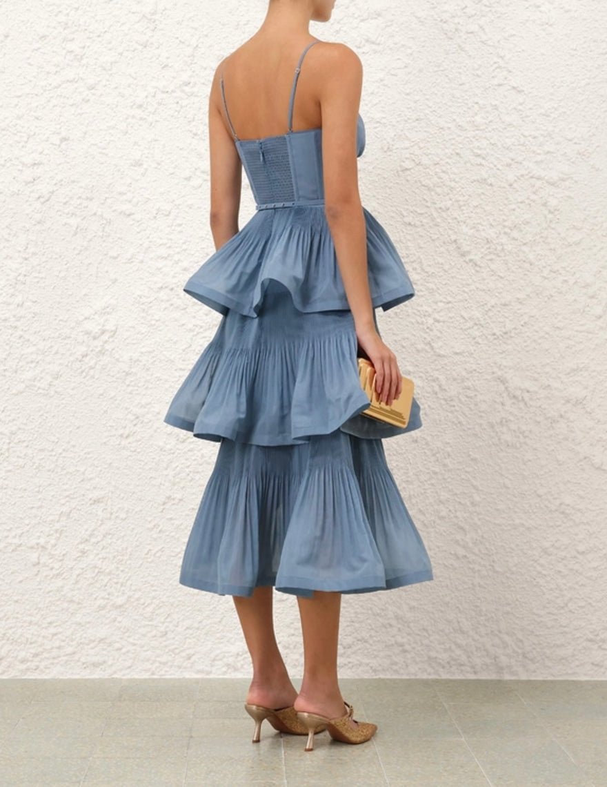 Zimmermann Pleated Tiered Midi Dress In Deep Blue photo 3
