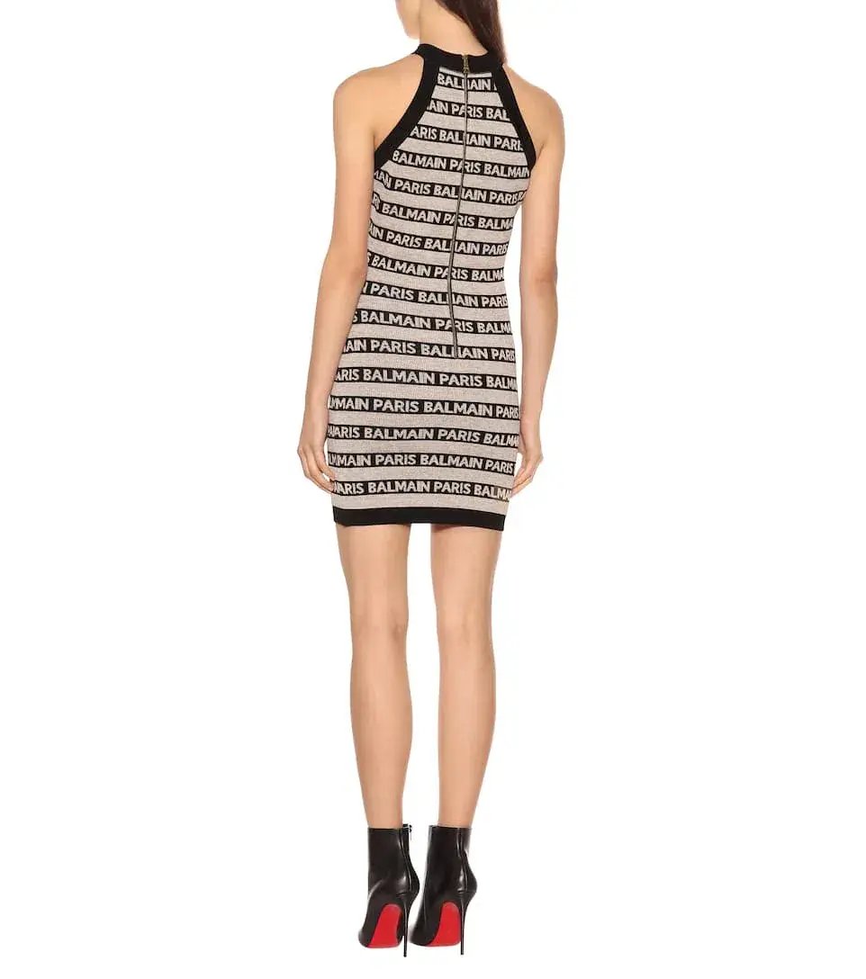 Balmain Logo Intarsia Knitted Mini Dress in Black/White Size 8 photo 2