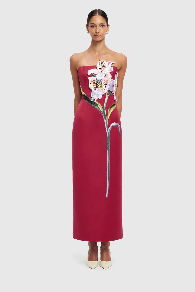 Leo Lin Rayna Appliqué Floral Maxi Dress - Lily Print in Oxblood photo 3
