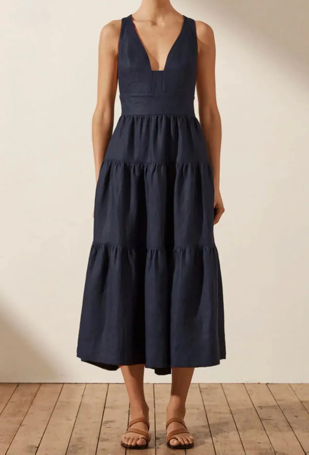 Shona Joy LIGIA LINEN PLUNGED CROSS BACK MIDI DRESS - NAVY photo 2