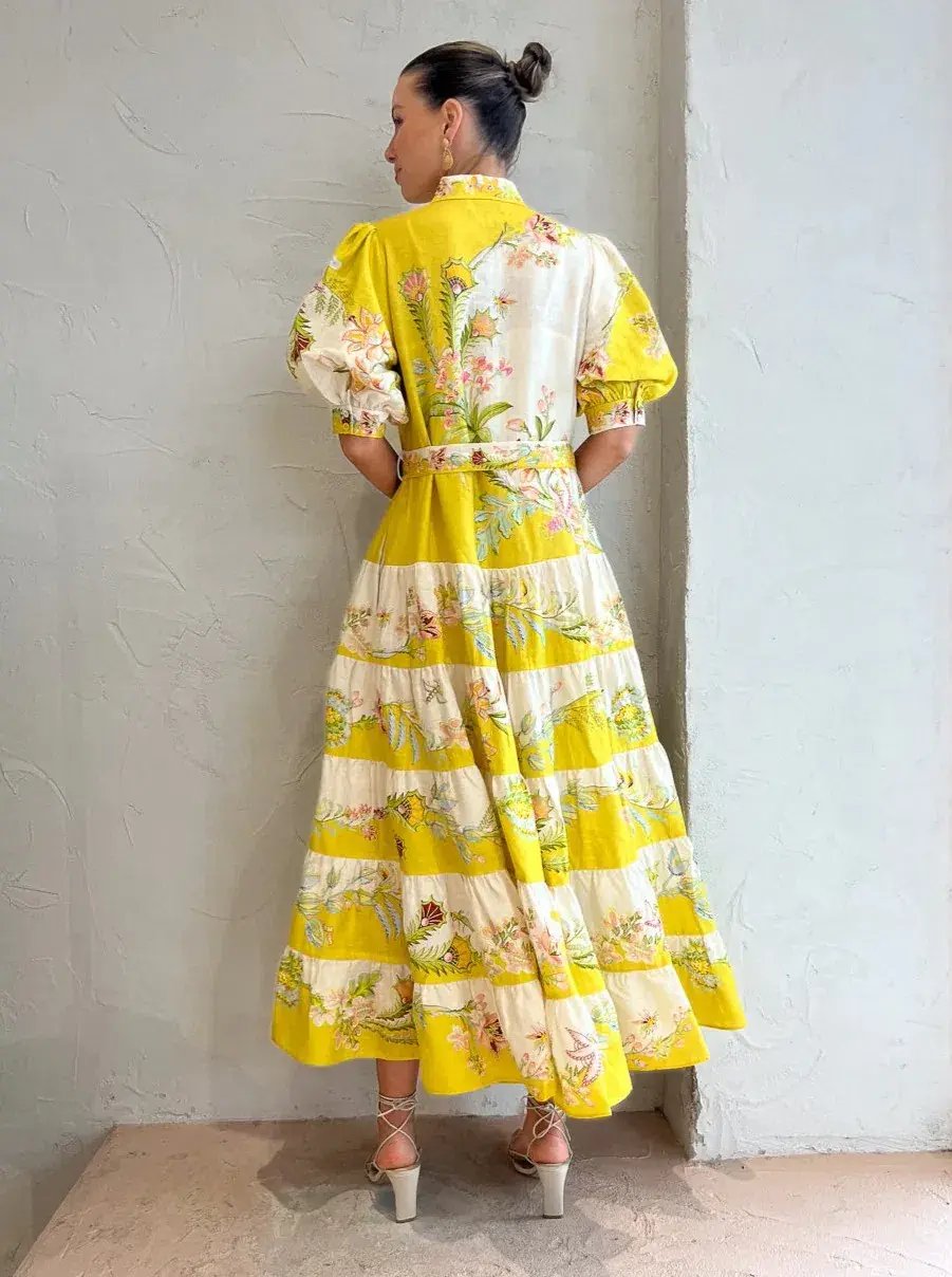 Alemais Ira Tiered Midi Dress Lemon / Cream Size AU 10 photo 2