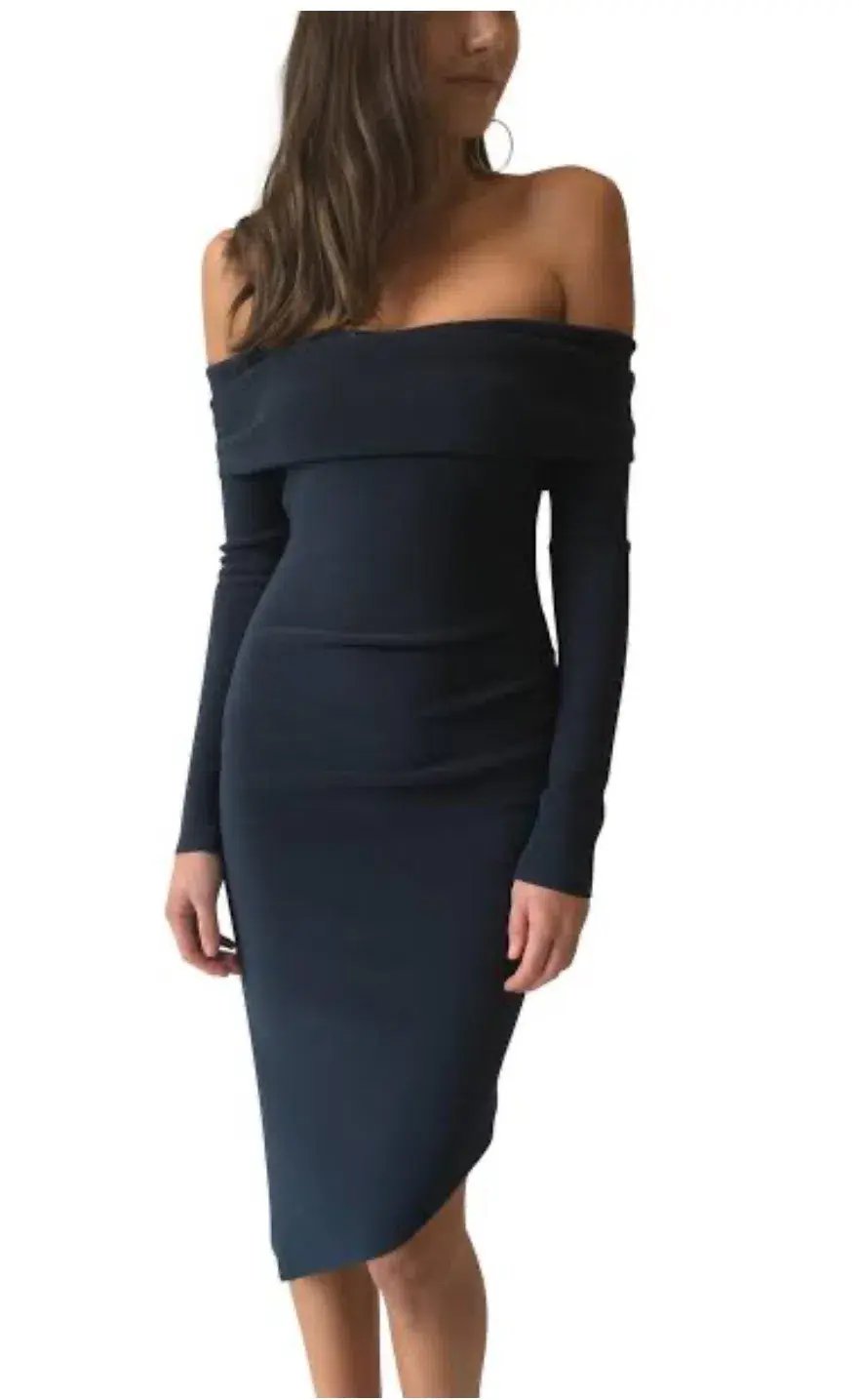 Bec & Bridge Florence Long Sleeve Off Shoulder Dress Navy Size 6 photo 2
