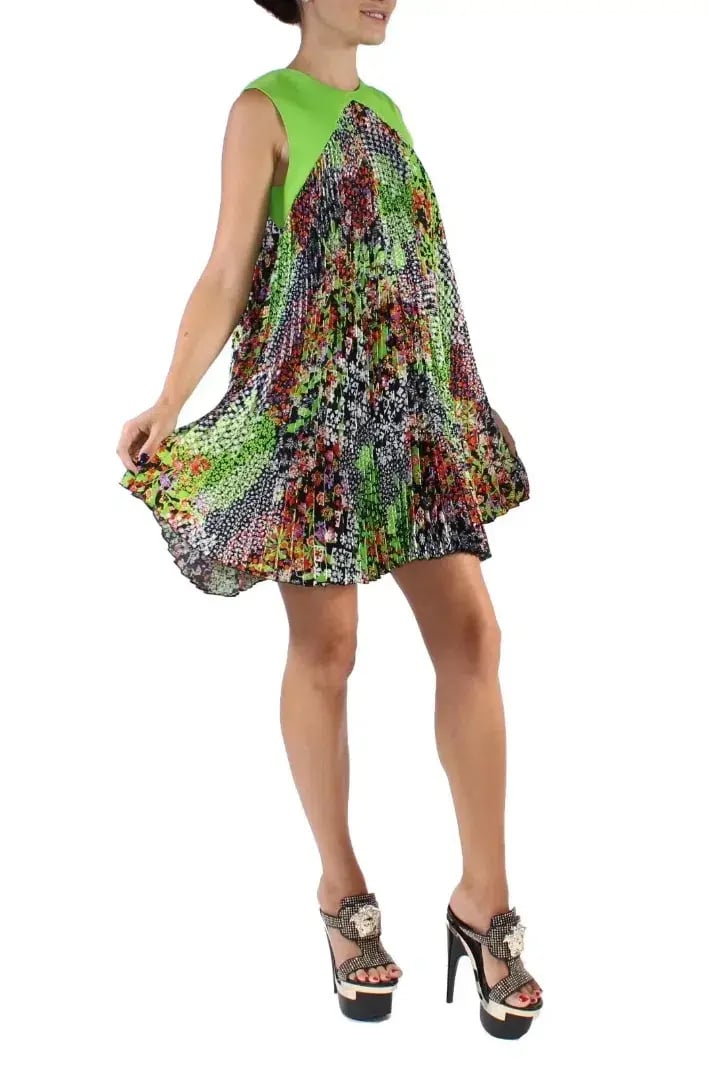 Versace Green Multicolor Plisse Tent Mini Dress Sleeveless Made in Italy Size 38 photo 4