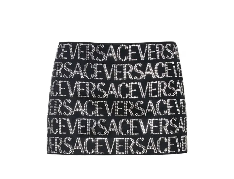 Versace Embellished Logo Wool Mini Skirt In Black/Silver Size 8 photo 4