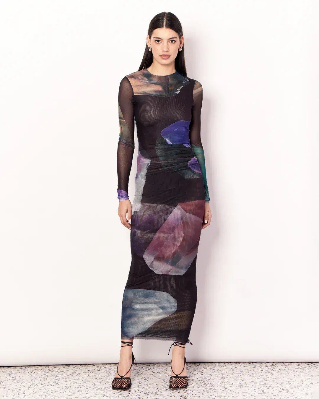 Romy Gemstone Long Sleeve Mesh Maxi Dress Black Multi Size AU 12 photo 5