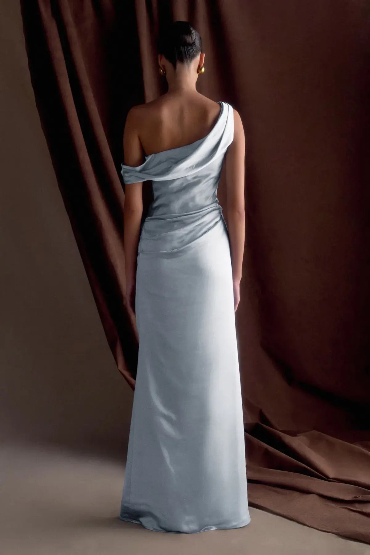 MESHKI Dalia Off Shoulder Satin Maxi Dress Frosted Blue Size 6 photo 3