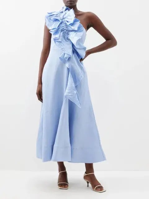 AJE - Adelia One Shoulder Ruffled Linen Blend Dress Light Sky Blue - Size 14 photo 2