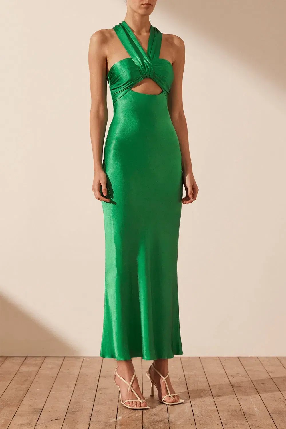 Shona Joy Lana Ruched Halter Midi Dress in Tree Green Size 10 photo 3