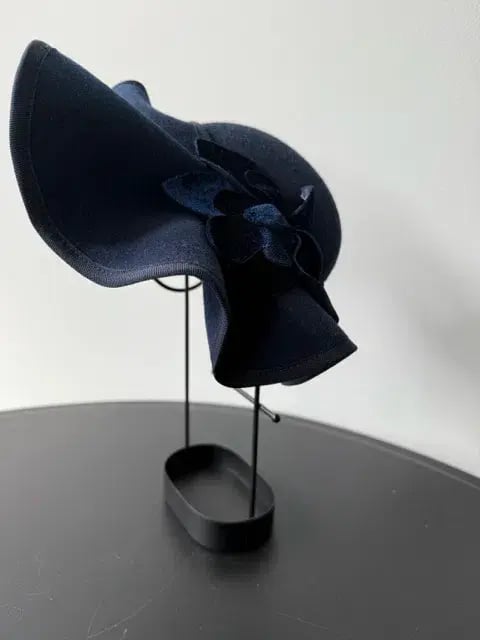 Felted Wool Headpiece with Sculptural Detail and Floral Velvet Adornment Navy One Size photo 6
