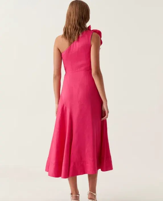 Aje Adelia Ruffle Midi Dress in Pink Size 8 photo 3
