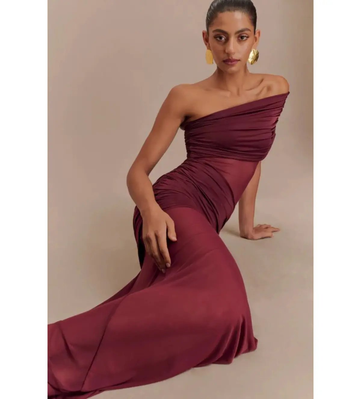 Meshki Dallas One Shoulder Mesh Maxi Dress Burgundy Size AU 8 photo 2