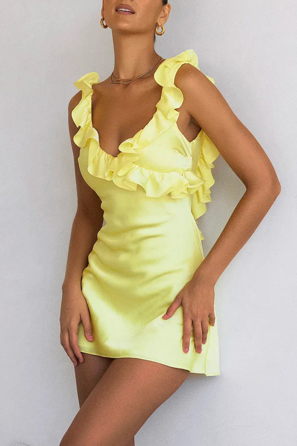 House of CB Tink Satin Ruffle Mini Dress Buttercup Size M/AU 10 photo 7