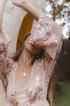 Coven & Co Maternity Melody Sequin Duster Gown Rose Gold Size 12 photo 6