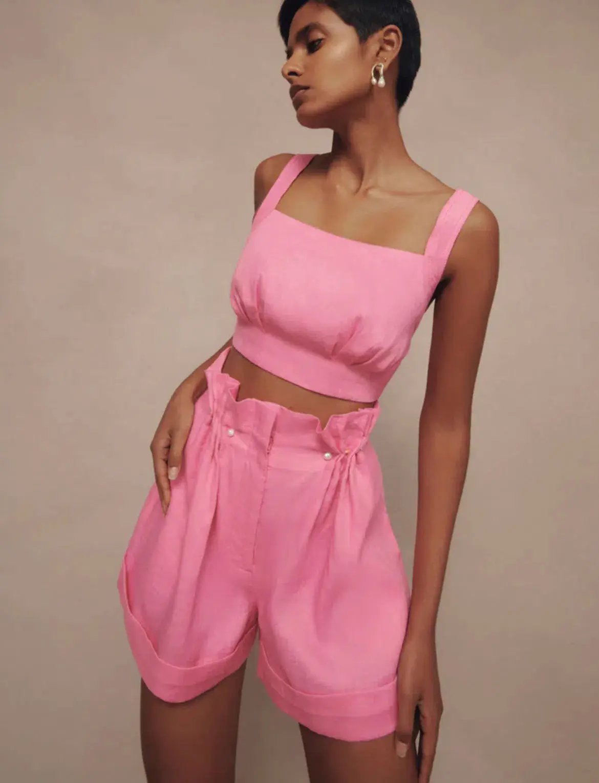 Aje Paper Bag Shorts & Tie Back Top Two Piece Set in Pink Size 6 photo 3