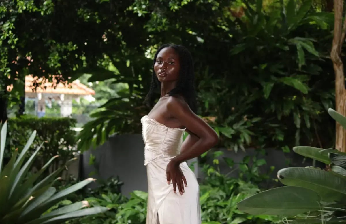 Larissa Satin Maxi Dress With Ruched Petals - Champagne MESHKI photo 5