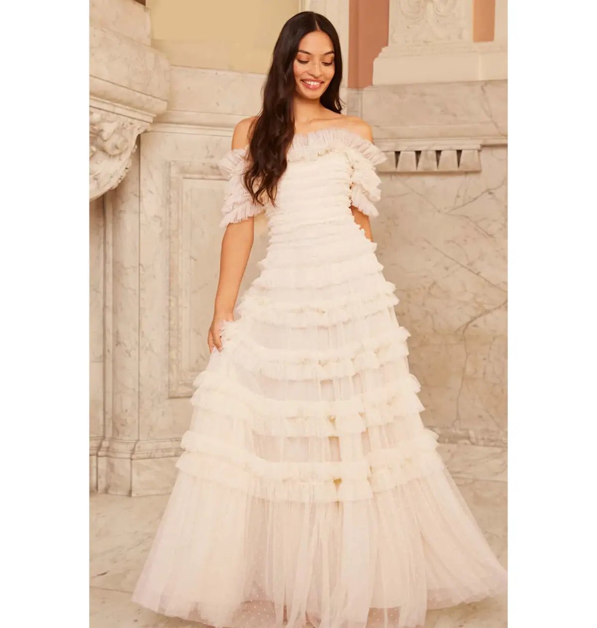 Needle and Thread Lisette Ruffle Off Shoulder Gown Champagne Size 6 photo 4