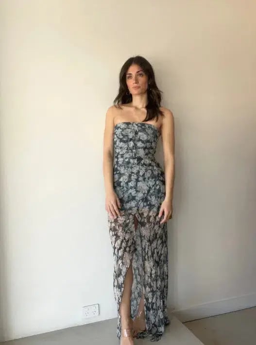 Bec & Bridge Opal Strapless Frill Ruffle Maxi Dress Denim Floral Size 6 photo 2