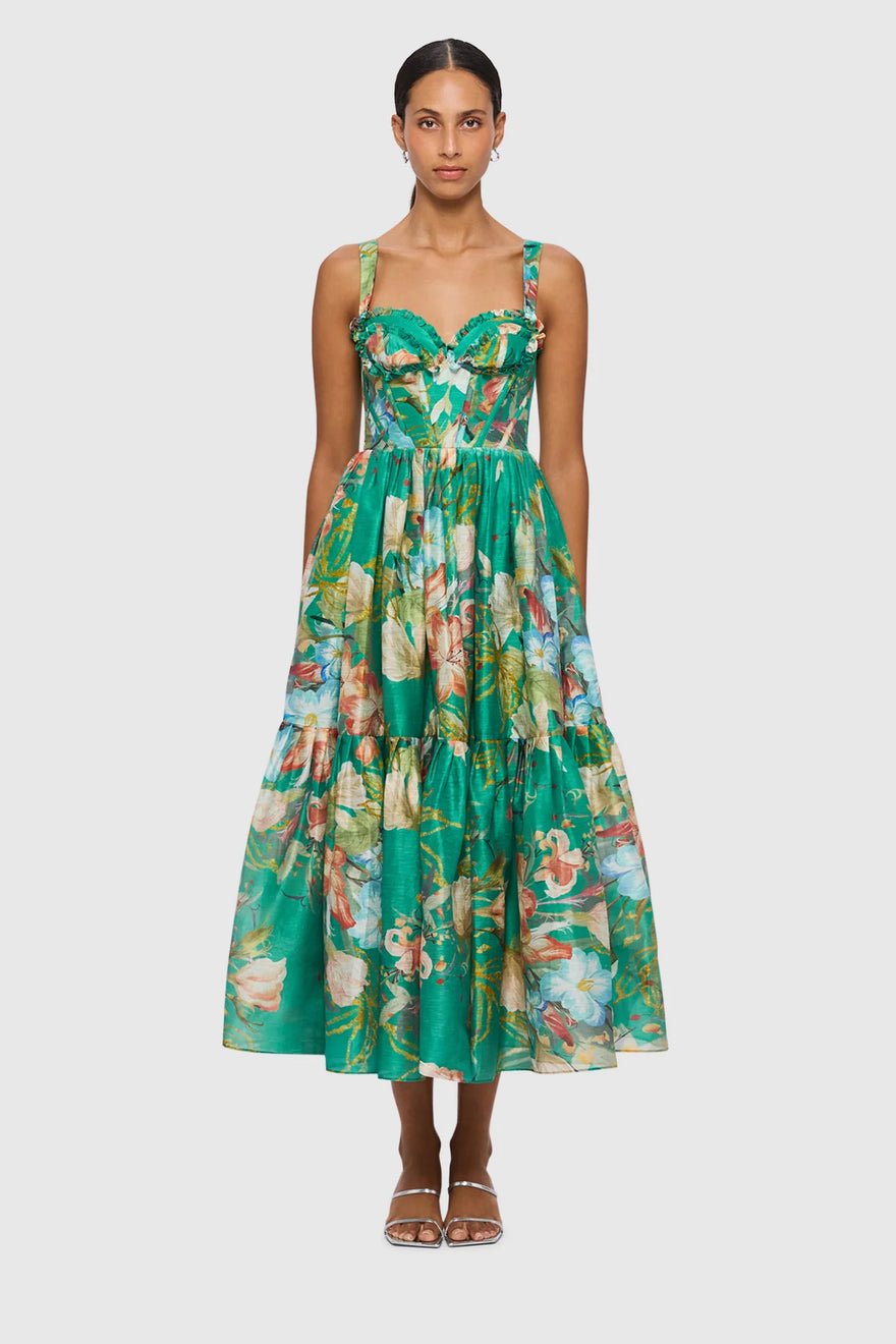 Leo Lin Rose Bustier Midi Dress - Opulent Print in Verdant photo 2