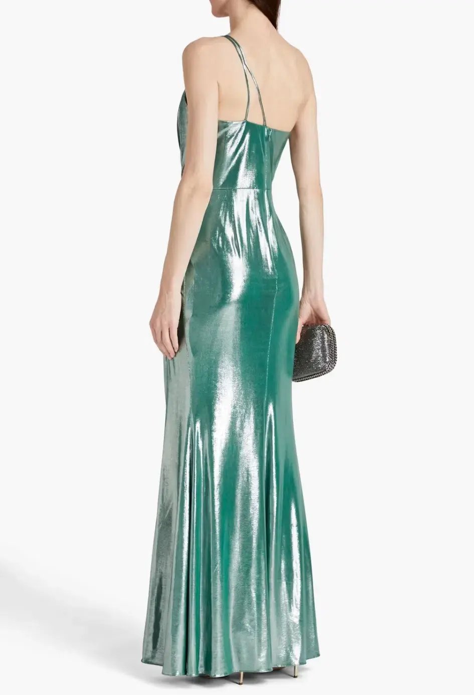 Marchesa Notte One-Shoulder Ruched Metallic Stretch-Jersey Gown Metallic Green Size 10 photo 2