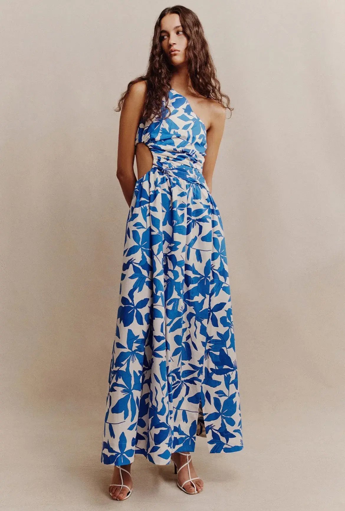 Shona Joy Bleue Asymmetrical Cut Out Maxi Dress Ivory/Aqua Print Size 12 photo 6