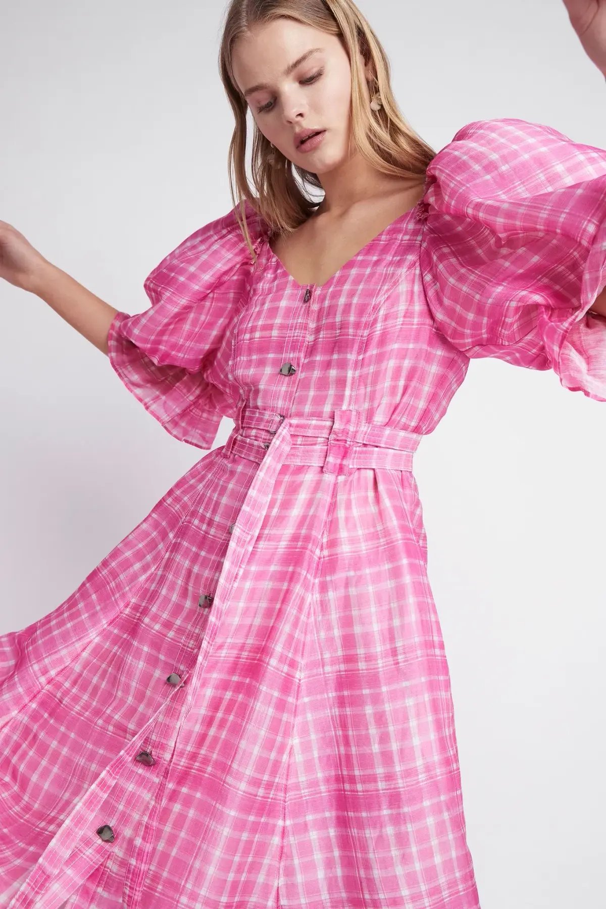 Aje Bungalow Puff Sleeve Midi Pink Check Print Size 10 photo 4