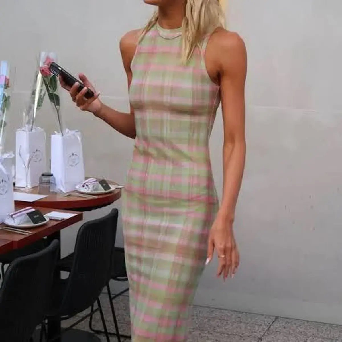 With Harper Lu Plaid Mesh Maxi Dress in green and pink photo 2