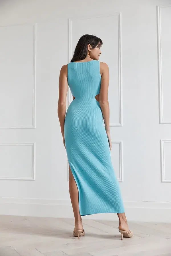 San Sloane Braxton Boat Neck Cut Out Midi Dress Blue Size 8 photo 2