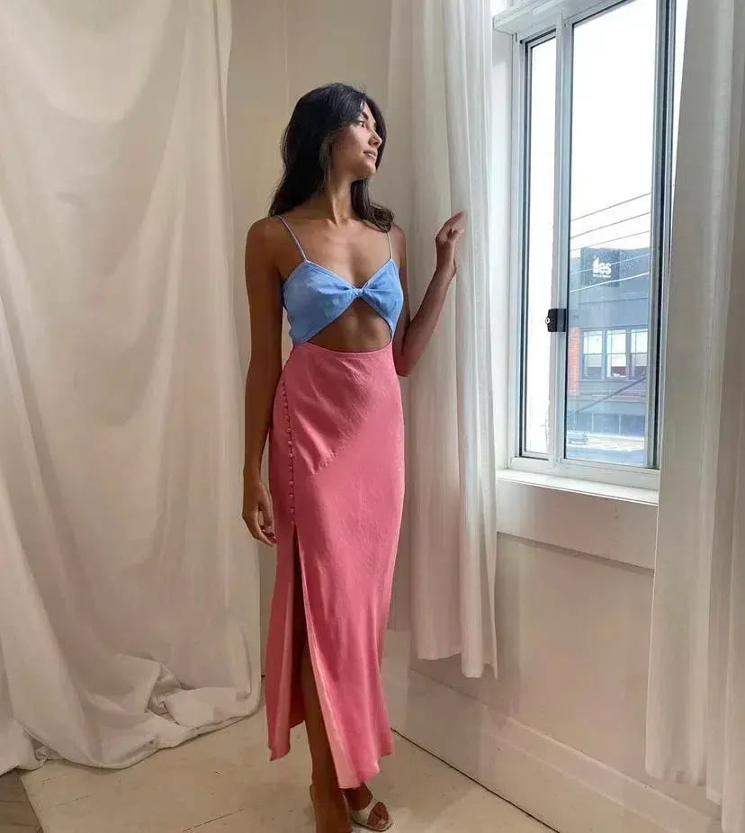 San Sloane Alona Midi Dress Pink and Blue Size 10 photo 4