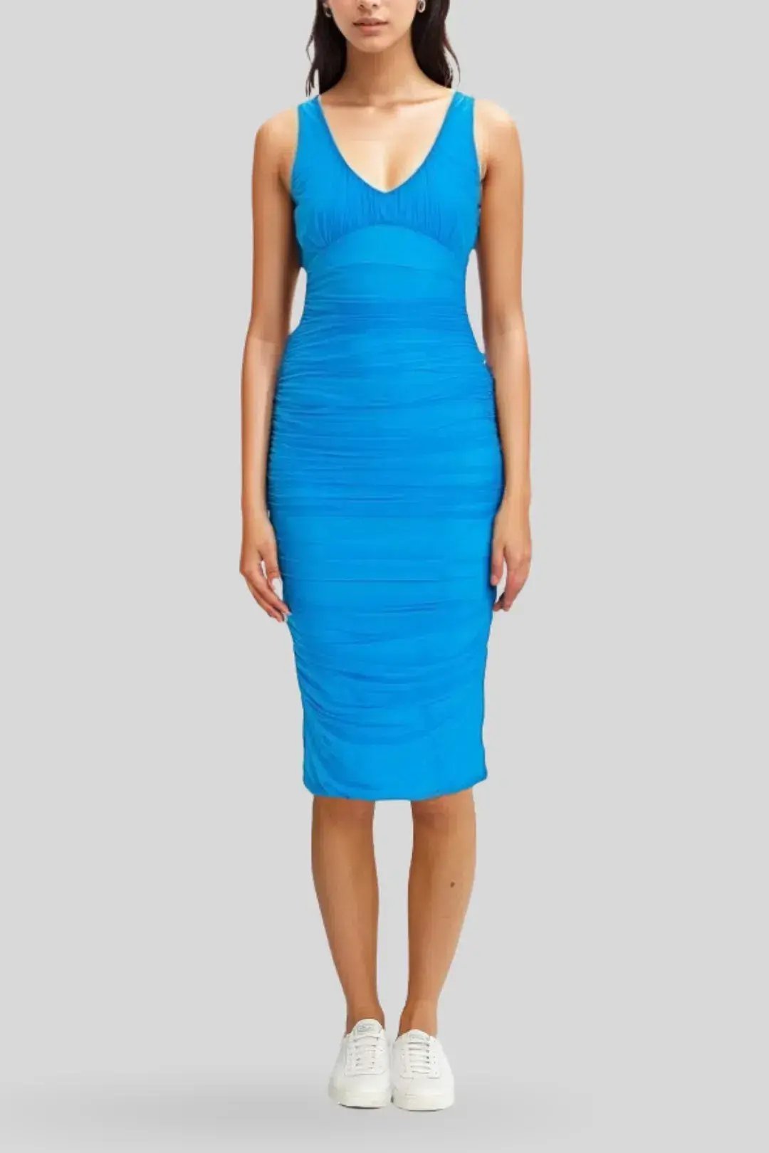 Cue Ruched Mesh Midi Dress in Blue Jewel Size 10 photo 3