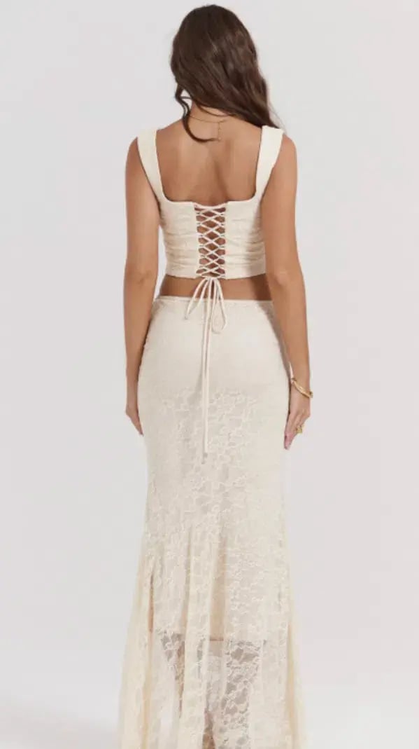 House Of CB Una Lace Corset & Therese Lace Maxi Skirt Set Vintage Cream Size 6 photo 4