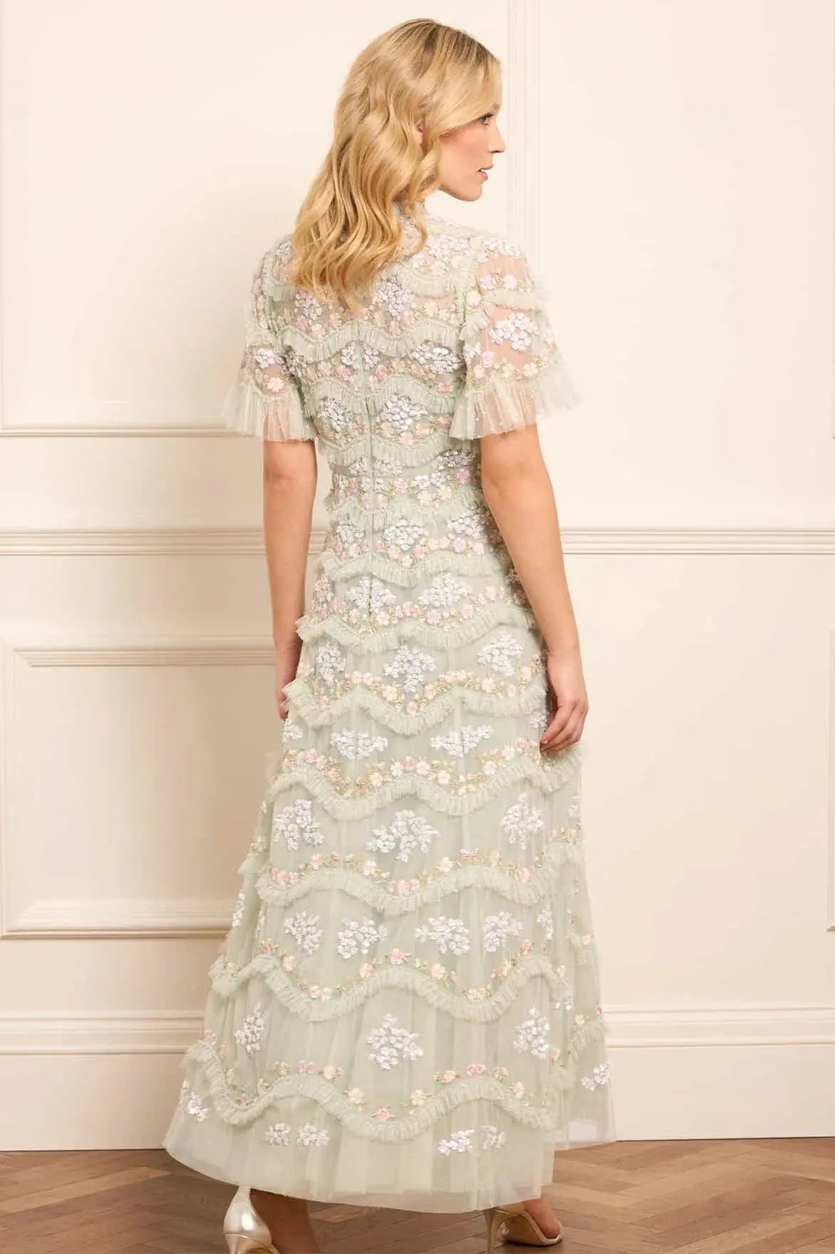 Needle & Thread Wave Ankle Gown Green Sequin Floral Daisy Size 10 photo 2