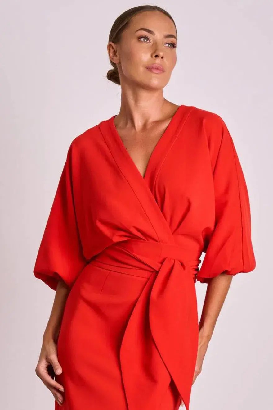 Pasduchas Emerson Drape Midi Dress Poppy Red Size 10 photo 2