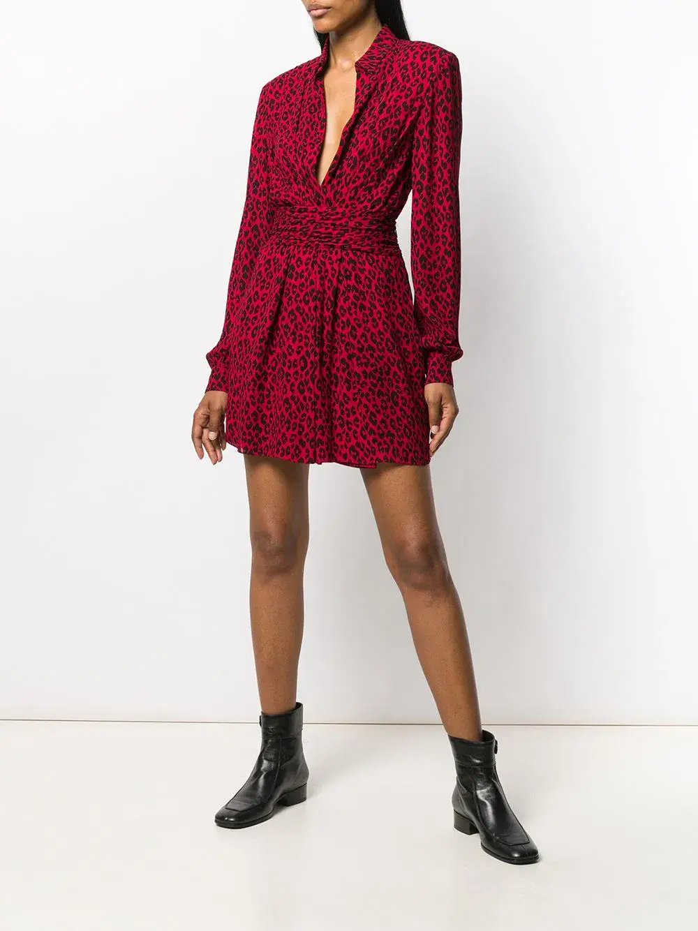 Saint Laurent Long Sleeve Leopard Mini Dress In Red & Black Size 8 photo 2
