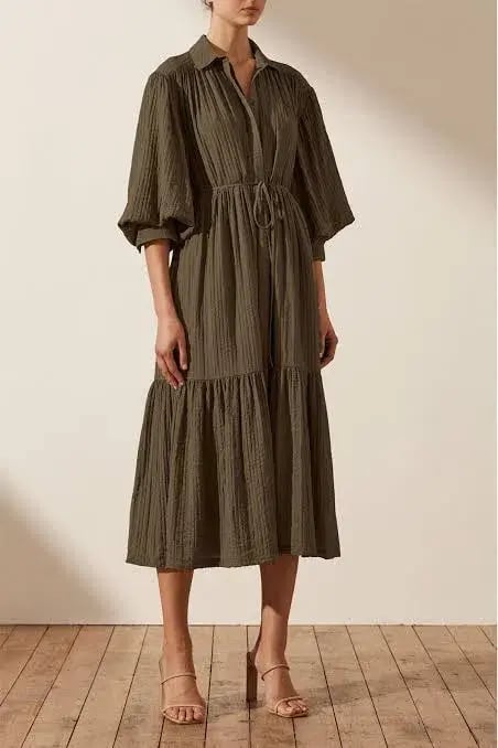 Shona Joy Mila Button Up Tiered Midi Dress Green Size 8 photo 3