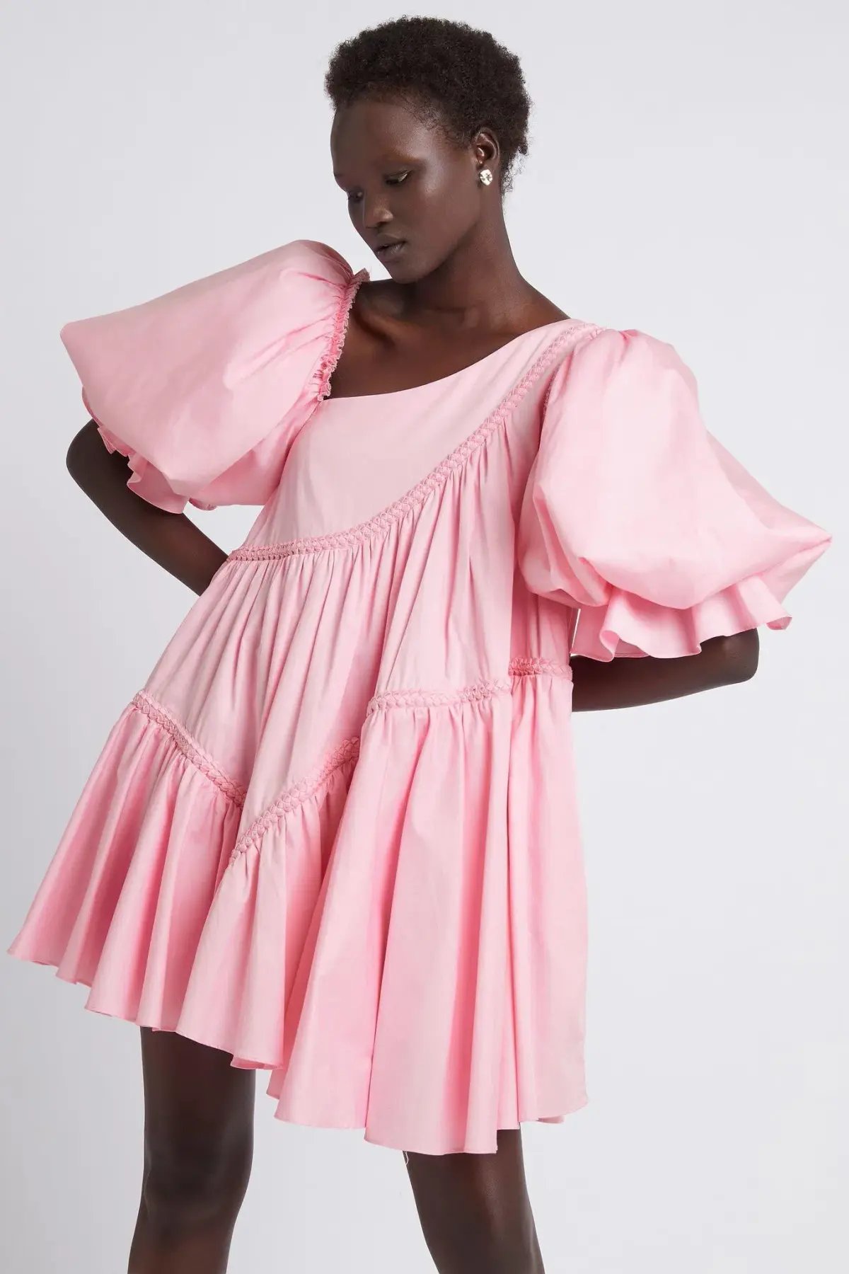 Casabianca Braided Asymmetric Puff Sleeve Mini Dress Pink Size 8 photo 2