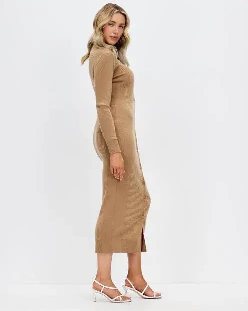 Calvin Klein Wool Tencel Rib Midi Dress Safari Canvas Size 10 photo 6
