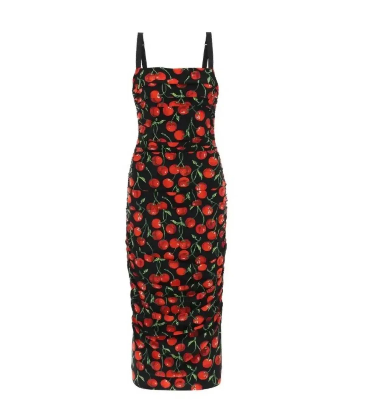 Dolce & Gabbana Cherry-Print Ruched Midi Dress Black Size AU 10 photo 5