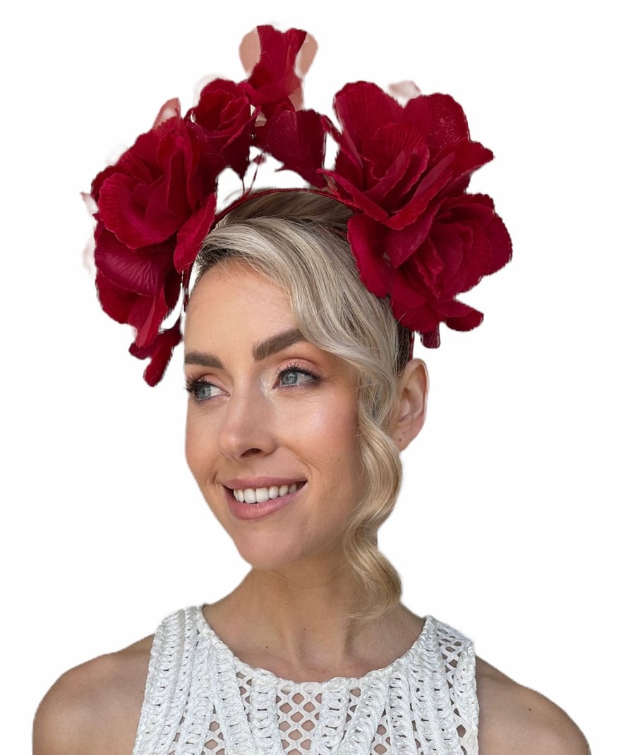 Olga Berg Duchess Velvet and Organza Rose Headband - Dark Red photo 3