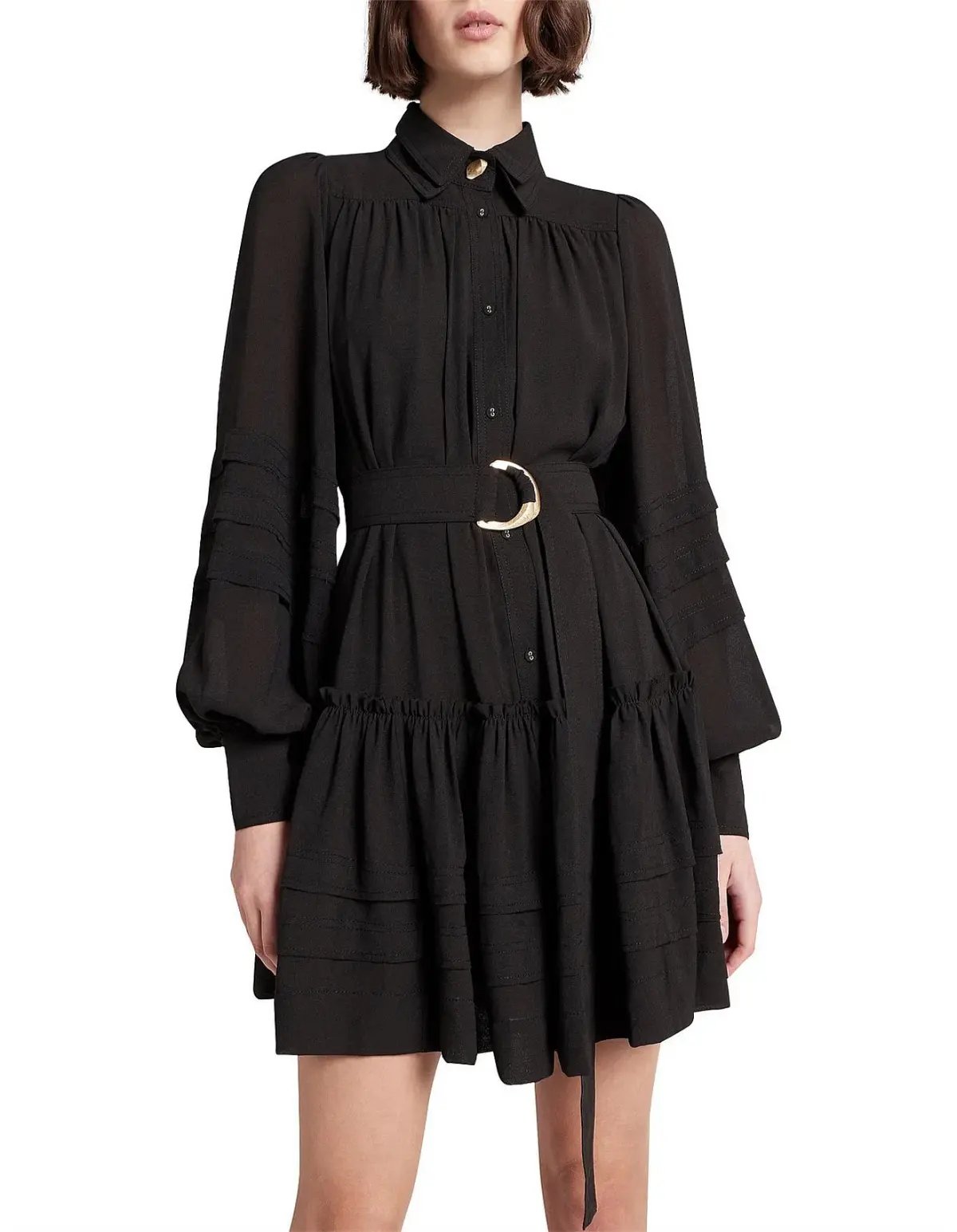 Aje Aurora Belted Trim Puff Sleeve Mini Shirt Dress Black Size 8 photo 2