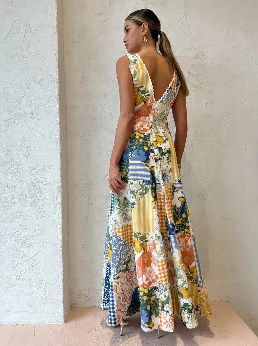 By Nicola Wavy Maxi Dress in Lemon Patchwork Multi-Colored Size AU 10 photo 4