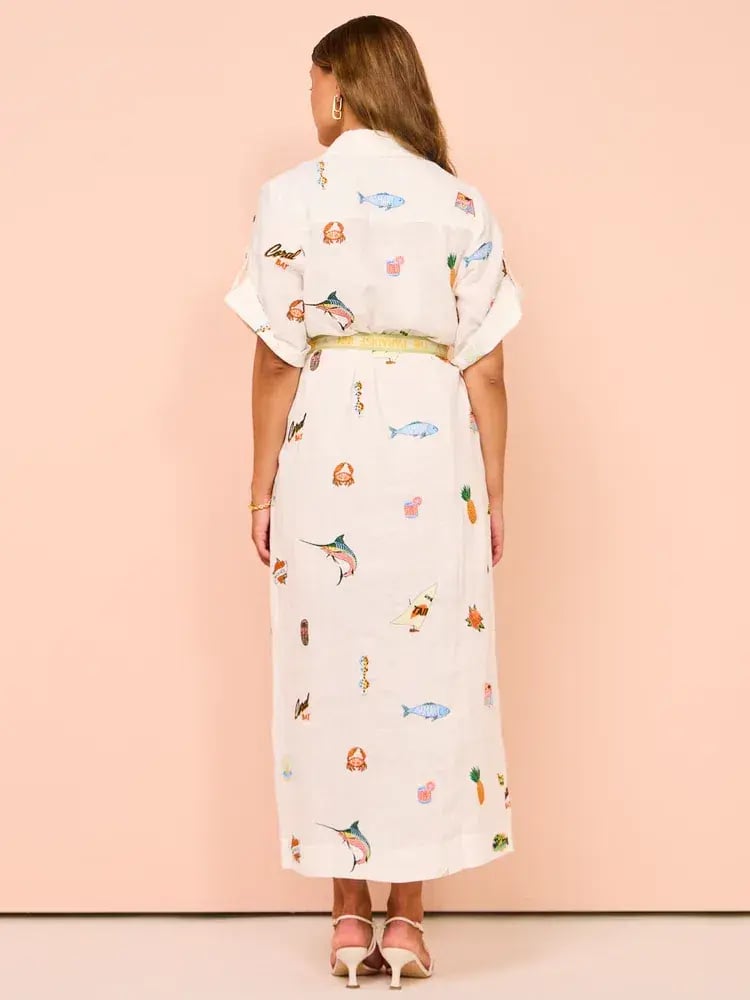 Alemais Blue Marlin Embroidered Dress In Cream Print Size 8 photo 3