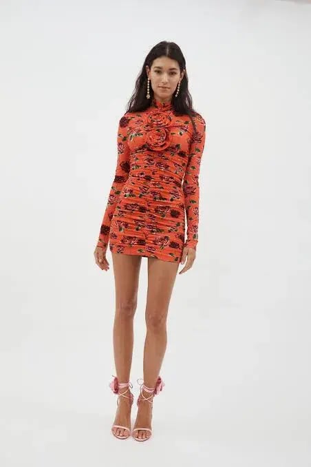 Magda Butrym High Neck Long Sleeve Ruched Mini Dress Red Orange Floral Size FR 36 / AU 8 photo 3
