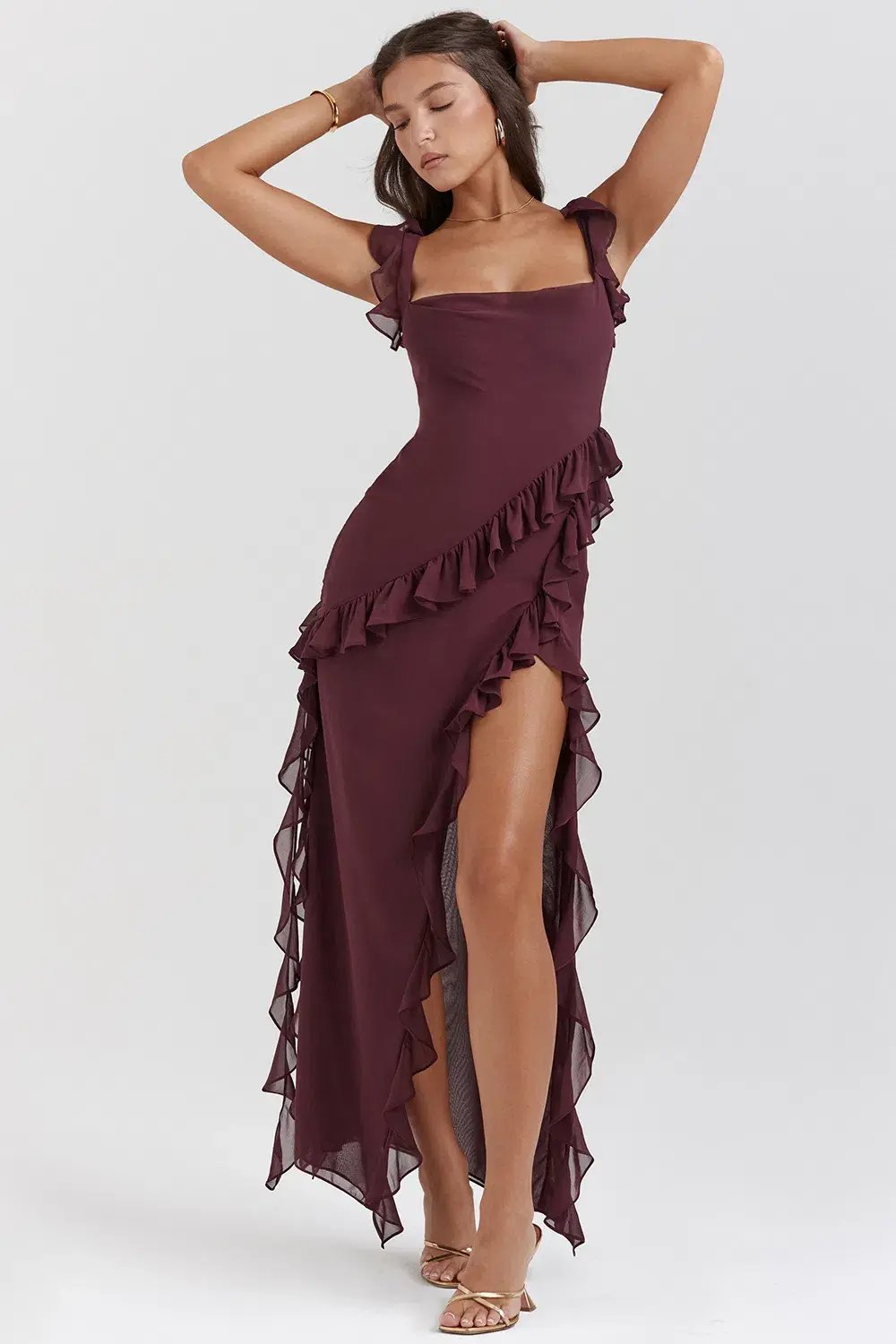 House of CB Ariela Mulberry Ruffle Maxi Dress Burgundy Size M/ AU 10-12 photo 3