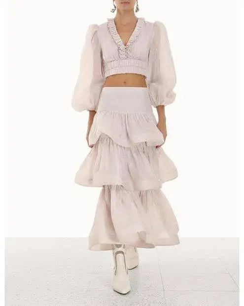 Zimmermann Rhythmic Ruffle Bodice And Tiered Midi Skirt Set Size 2 AUS 12 photo 2