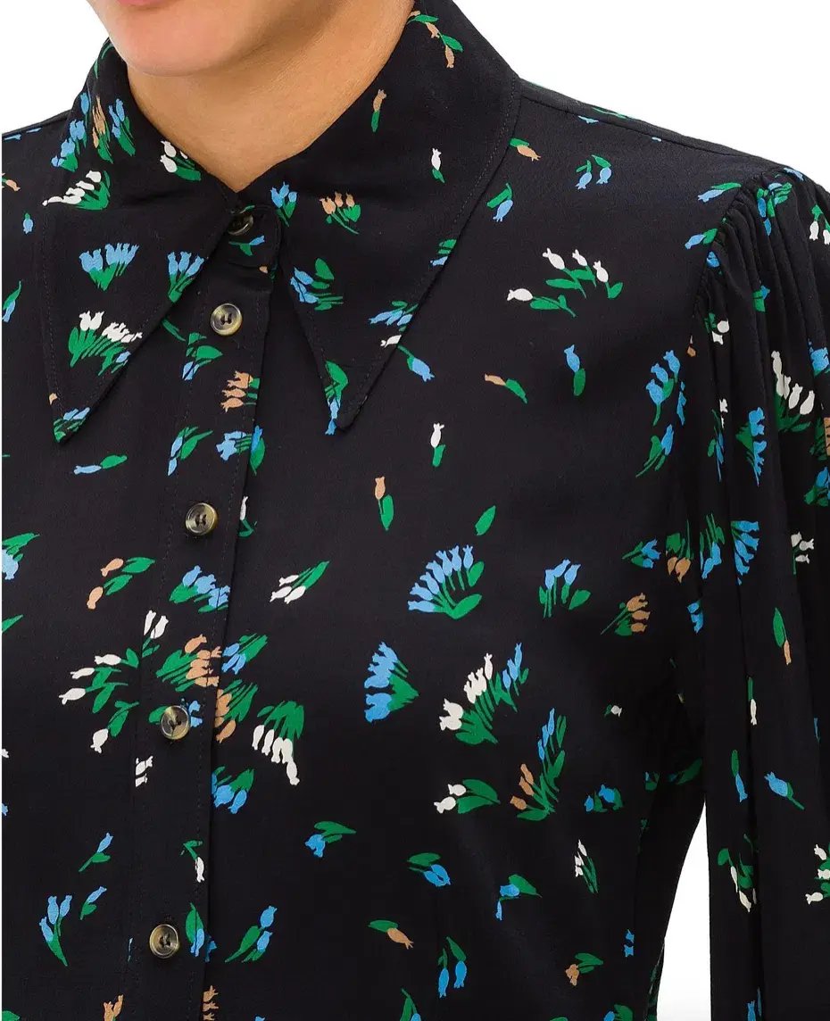 Ganni Printed Crepe Floral Shirt Mini Dress Black/Verdant Green Print Size 12 photo 3